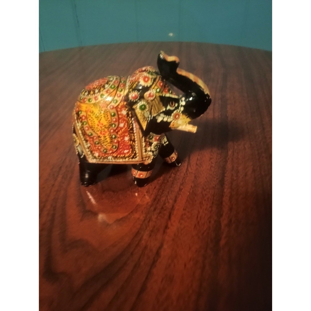 Exquisite Hand Painted Wood Elephant Sculpture 4"